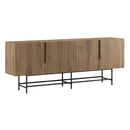 Buffet 4 portes en mélaminé aspect bois pieds et poignées métal noir - ALDINOR