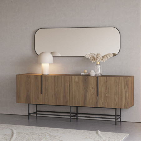 Buffet 4 portes en mélaminé aspect bois pieds et poignées métal noir - ALDINOR