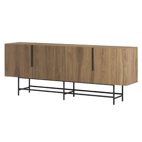 Buffet 4 portes en mélaminé aspect bois pieds et poignées métal noir - ALDINOR