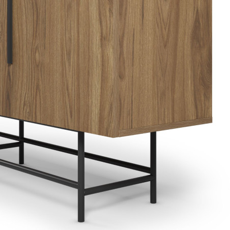 Buffet 4 portes en mélaminé aspect bois pieds et poignées métal noir - ALDINOR