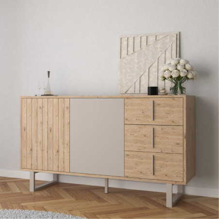 Buffet 2 portes 3 tiroirs imitation bois et beige - MYRINOR