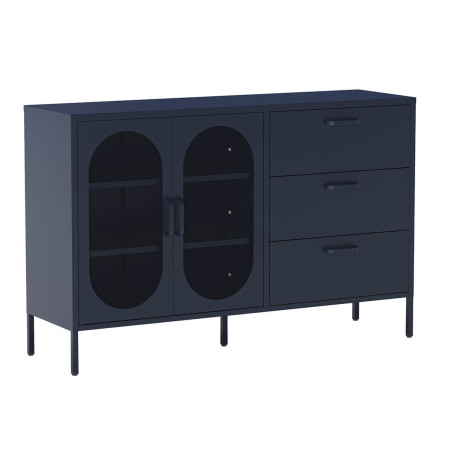 Buffet 2 portes ajourées 3 tiroirs en métal bleu foncé - OLIRA