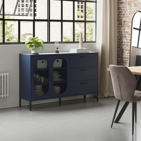 Buffet 2 portes ajourées 3 tiroirs en métal bleu foncé - OLIRA