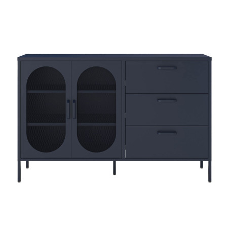 Buffet 2 portes ajourées 3 tiroirs en métal bleu foncé - OLIRA