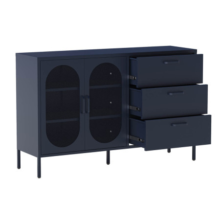 Buffet 2 portes ajourées 3 tiroirs en métal bleu foncé - OLIRA