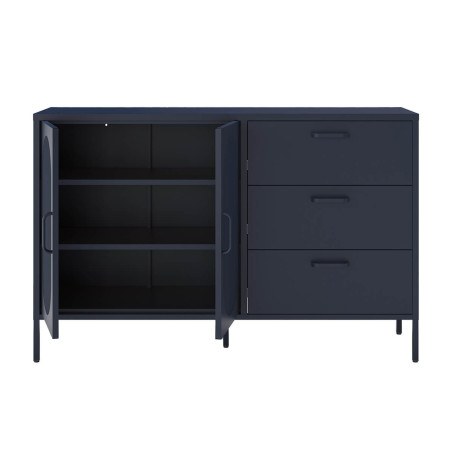Buffet 2 portes ajourées 3 tiroirs en métal bleu foncé - OLIRA