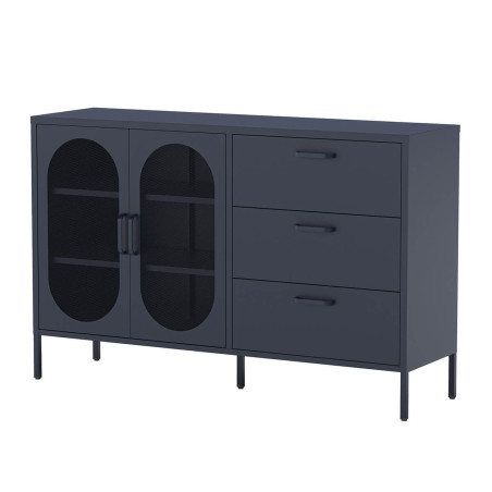 Buffet 2 portes ajourées 3 tiroirs en métal bleu foncé - OLIRA