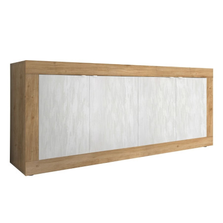 Buffet 4 portes aspect bois finition Cadiz façades blanc texturées - OTELIA