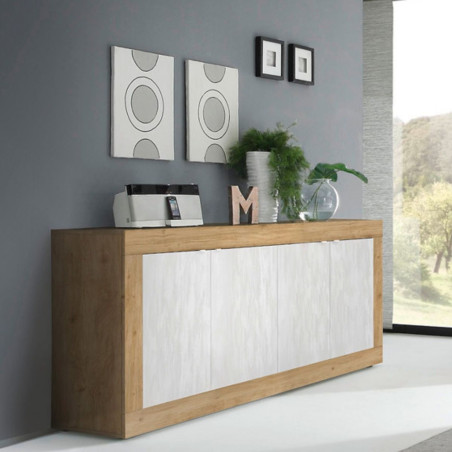 Buffet 4 portes aspect bois finition Cadiz façades blanc texturées - OTELIA