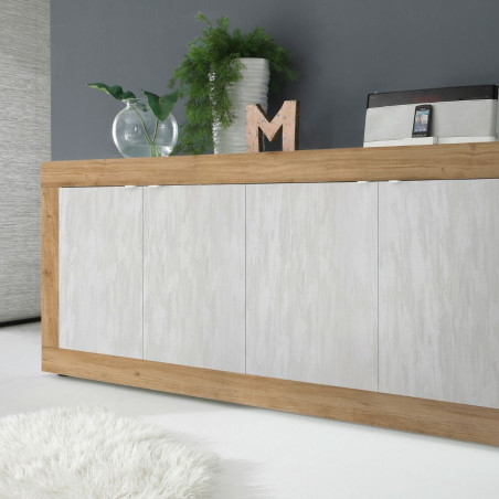Buffet 4 portes aspect bois finition Cadiz façades blanc texturées - OTELIA