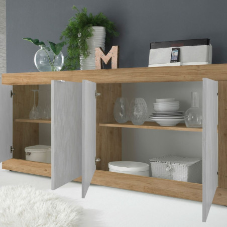 Buffet 4 portes aspect bois finition Cadiz façades blanc texturées - OTELIA