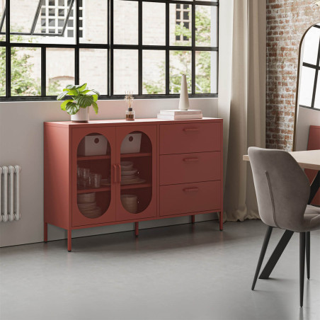 Buffet 2 portes ajourées 3 tiroirs en métal terracotta - OLIRA