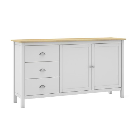 Buffet 2 portes 3 tiroirs en pin massif blanc et chêne - BASEN