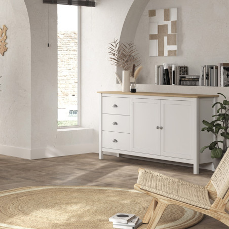 Buffet 2 portes 3 tiroirs en pin massif blanc et chêne - BASEN