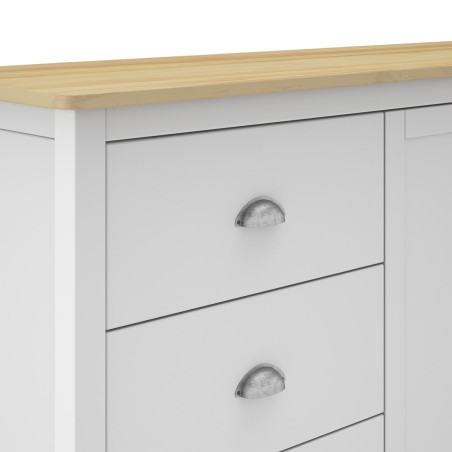 Buffet 2 portes 3 tiroirs en pin massif blanc et chêne - BASEN