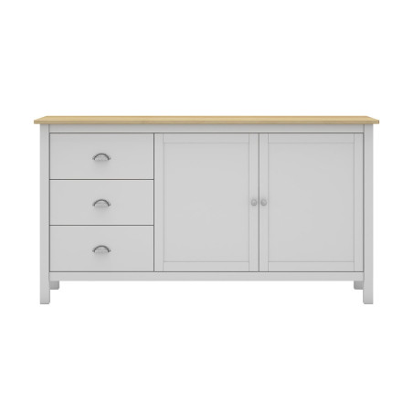 Buffet 2 portes 3 tiroirs en pin massif blanc et chêne - BASEN