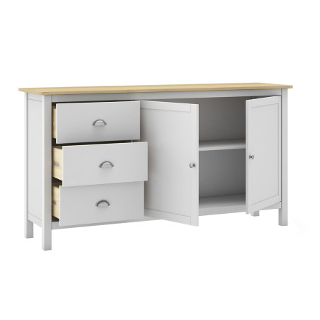 Buffet 2 portes 3 tiroirs en pin massif blanc et chêne - BASEN
