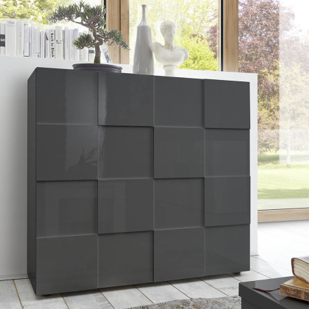 Meuble Rangement 2 Portes Laqué Gris Carbone Relief Damiers - REBENA