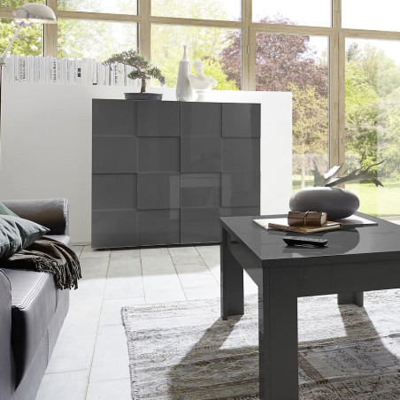 Meuble Rangement 2 Portes Laqué Gris Carbone Relief Damiers - REBENA