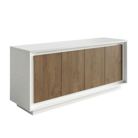 Buffet 4 portes blanc laqué façades aspect bois finition Mercure - POLVIA
