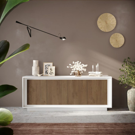 Buffet 4 portes blanc laqué façades aspect bois finition Mercure - POLVIA