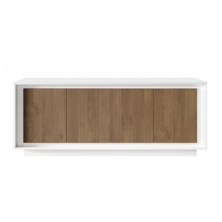 Buffet 4 portes blanc laqué façades aspect bois finition Mercure - POLVIA