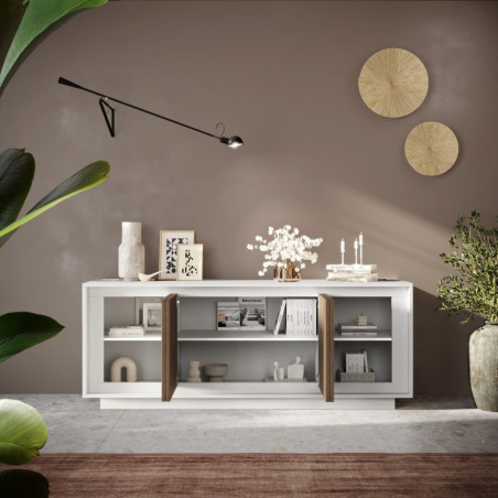 Buffet 4 portes blanc laqué façades aspect bois finition Mercure - POLVIA