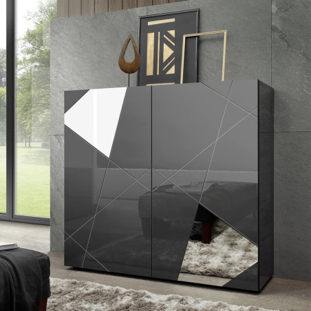 Rangement 2 portes gris carbone avec sérigraphies et miroirs - ORINA