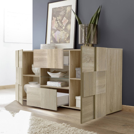 Buffet 2 portes 2 tiroirs bois Samoa relief damiers - REBENA