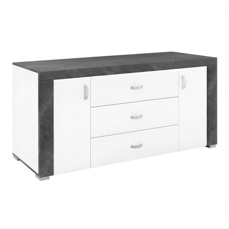 Buffet 2 portes 3 tiroirs blanc laqué imitation granit gris - NEWELLOR