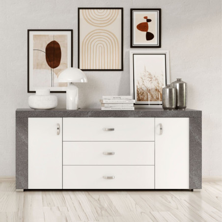 Buffet 2 portes 3 tiroirs blanc laqué imitation granit gris - NEWELLOR