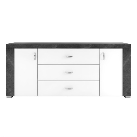 Buffet 2 portes 3 tiroirs blanc laqué imitation granit gris - NEWELLOR