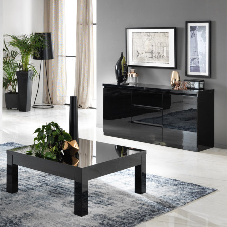 Buffet 2 Portes 3 Tiroirs Laqué Noir Brillant - DEYTA