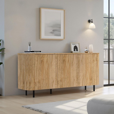 Buffet 3 portes aspect bois finition Cadiz coins arrondis pieds métal noir - VIVARINOR