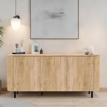 Buffet 3 portes aspect bois finition Cadiz coins arrondis pieds métal noir - VIVARINOR