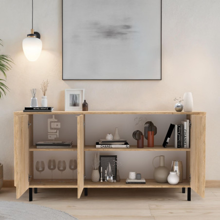 Buffet 3 portes aspect bois finition Cadiz coins arrondis pieds métal noir - VIVARINOR