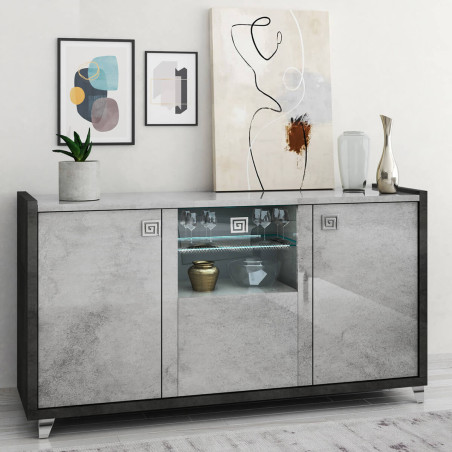 Buffet 3 portes gris aspect pierre LED - HOFIO