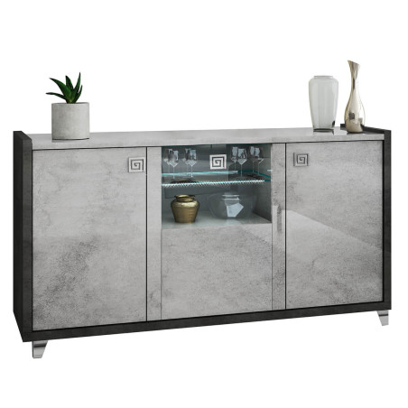 Buffet 3 portes gris aspect pierre LED - HOFIO