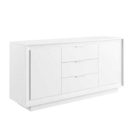Buffet 2 portes 3 tiroirs blanc laqué piètement socle - POLVIA