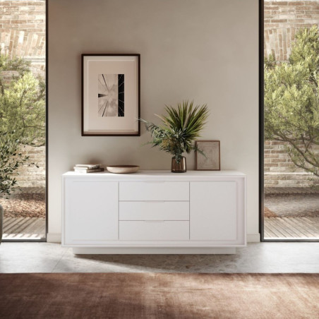 Buffet 2 portes 3 tiroirs blanc laqué piètement socle - POLVIA