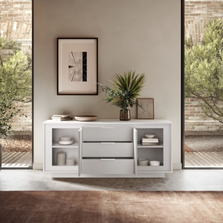 Buffet 2 portes 3 tiroirs blanc laqué piètement socle - POLVIA