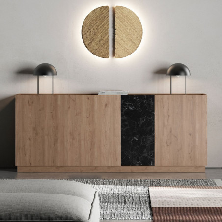 Buffet 4 portes 180 cm en mélaminé imitation bois et marbre noir - ODALYSOR