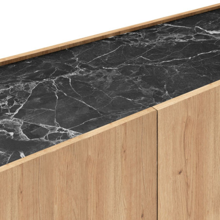 Buffet 4 portes 180 cm en mélaminé imitation bois et marbre noir - ODALYSOR