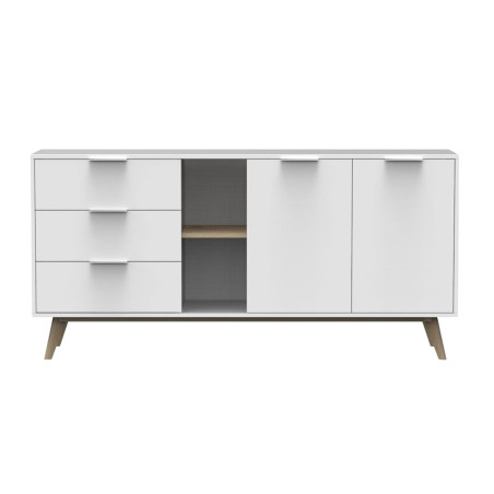 Buffet 2 portes 3 tiroirs scandinave MDF pin massif naturel et blanc - BLAKEN