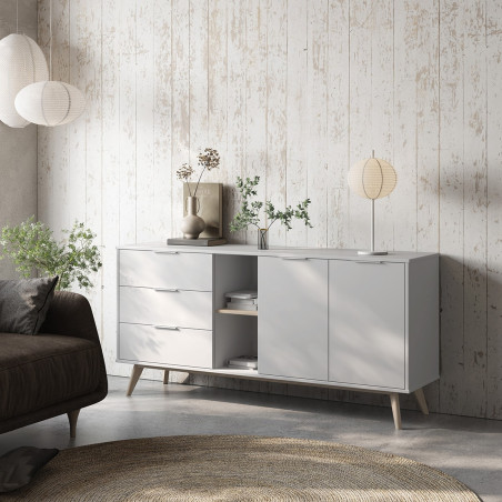 Buffet 2 portes 3 tiroirs scandinave MDF pin massif naturel et blanc - BLAKEN