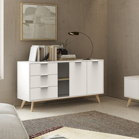 Buffet 2 portes 3 tiroirs scandinave MDF pin massif naturel et blanc - BLAKEN