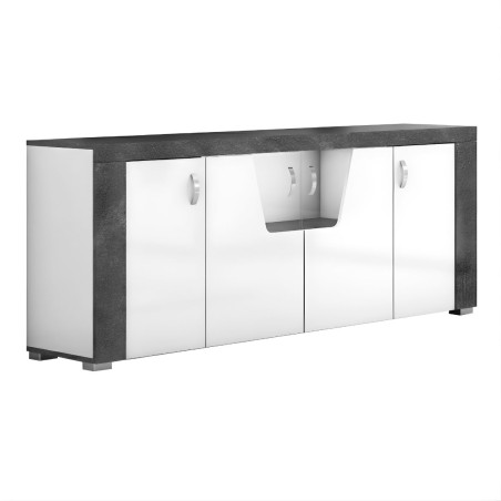 Buffet 4 portes led blanc et imitation granit gris - NEWELLOR