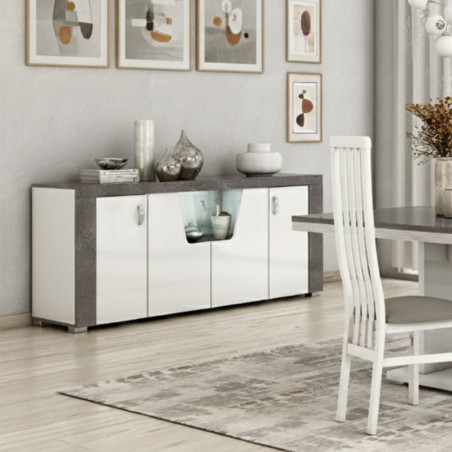 Buffet 4 portes led blanc et imitation granit gris - NEWELLOR