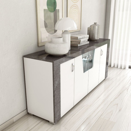 Buffet 4 portes led blanc et imitation granit gris - NEWELLOR