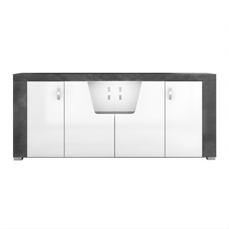 Buffet 4 portes led blanc et imitation granit gris - NEWELLOR